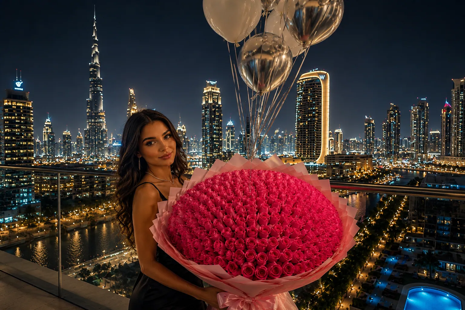 Luxury roses delivery in Dubai at night